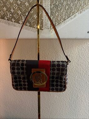 kate spade original Black Monogram Shoulder Bag with Red Stripe